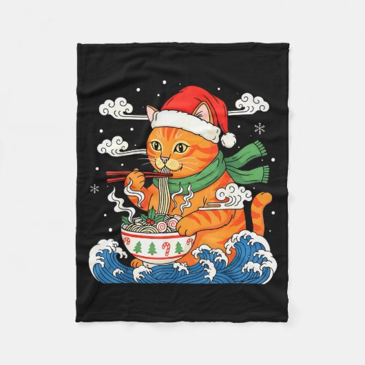 Funny Christmas Ramen Cat Eating Noodles Japanese フリースブランケット (正面)
