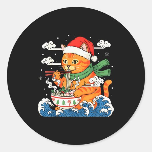 Funny Christmas Ramen Cat Eating Noodles Japanese  ラウンドシール (正面)