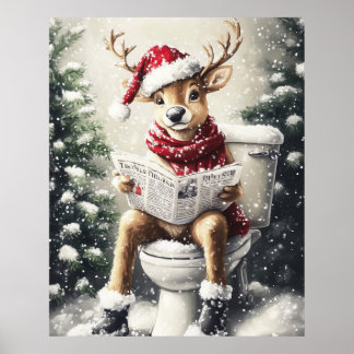 Funny Christmas Reindeer Reading on the Toilet ポスター