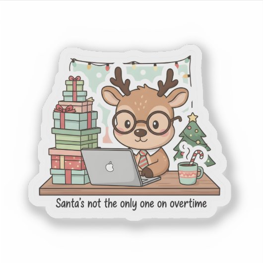 Funny Christmas Reindeer Working Overtime Sticker シール (正面)
