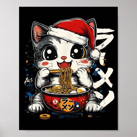 Funny Christmas Santa Cat Ramen Japanese Kawaii An ポスター (正面)