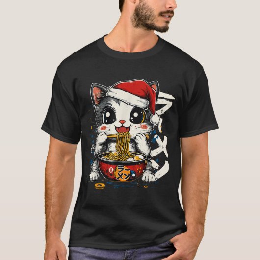 Funny Christmas Santa Cat Ramen Japanese Kawaii An Tシャツ (正面)