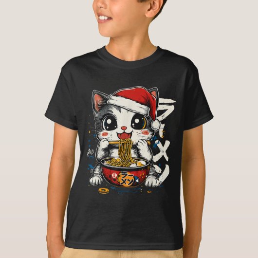 Funny Christmas Santa Cat Ramen Japanese Kawaii An Tシャツ (正面)
