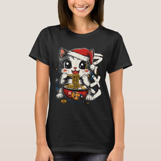 Funny Christmas Santa Cat Ramen Japanese Kawaii An Tシャツ (正面)