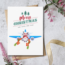 Funny Christmas Santa on Airplane and Photo  カード