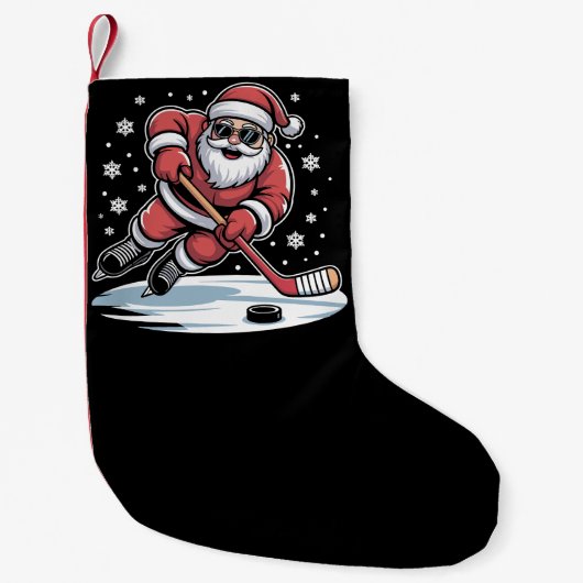 Funny Christmas Santa Playing Ice Hockey Xmas  スモールクリスマスストッキング (正面)