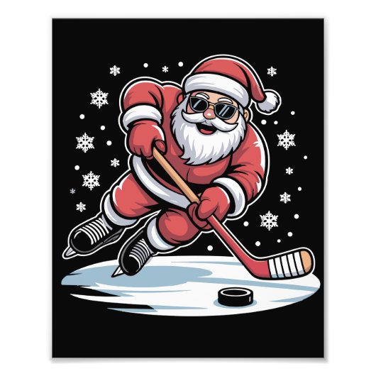 Funny Christmas Santa Playing Ice Hockey Xmas  フォトプリント (正面)