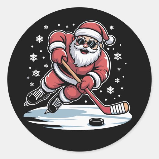 Funny Christmas Santa Playing Ice Hockey Xmas  ラウンドシール (正面)