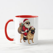 Funny Christmas Santa Riding Pug マグカップ (左)