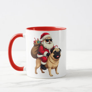 Funny Christmas Santa Riding Pug マグカップ