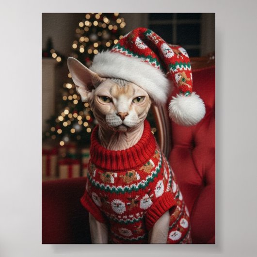 Funny Christmas Santa Sphynx Cat in Sweater ポスター (正面)