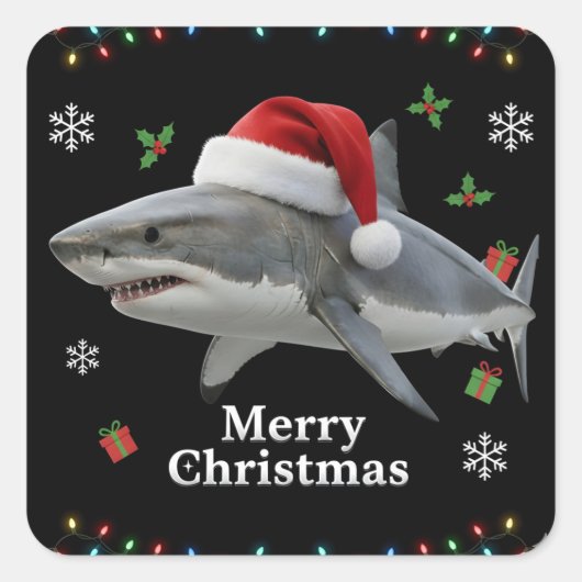 Funny Christmas Shark Santa Hat Realistic Holiday スクエアシール (正面)