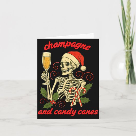 Funny Christmas Skeleton Champagne And Candy Canes カード (正面)