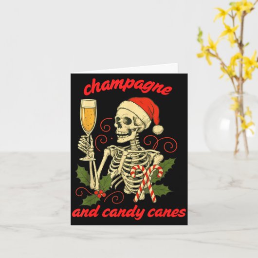Funny Christmas Skeleton Champagne And Candy Canes カード (黄色い花)