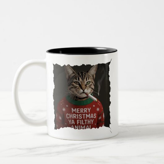 Funny Christmas Smoking Cat Sarcastic Holiday Meme ツートーンマグカップ (左)