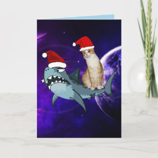 FUNNY CHRISTMAS SPACE CAT & SHARK GREETING CARD サンキューカード