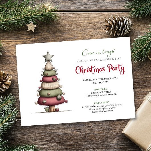 Funny Christmas tree modern watercolor invitation 招待状