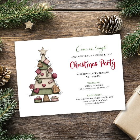 Funny Christmas tree watercolor holiday invitation 招待状