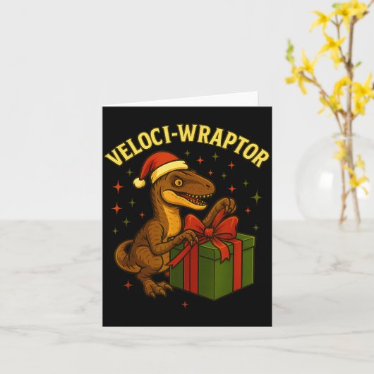 Funny Christmas Velociraptor Pun Veloci-wraptor カード (黄色い花)