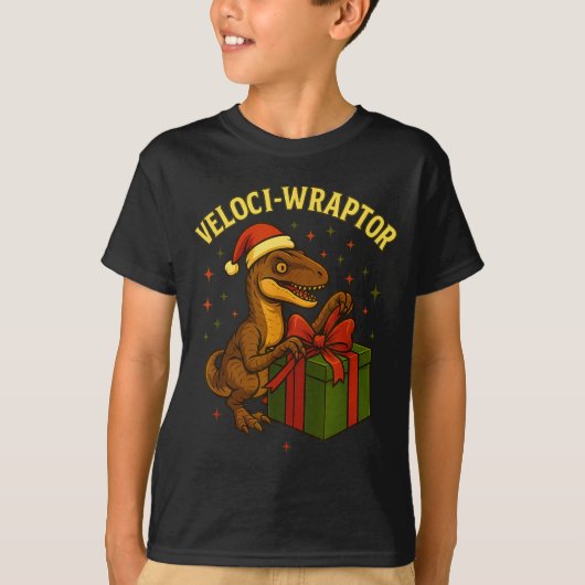Funny Christmas Velociraptor Pun Veloci-wraptor Tシャツ (正面)
