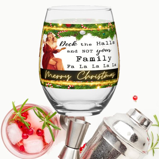 Funny Christmas Wine Glass Retro Best Friend Deck ステムなしワイングラス