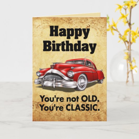 Funny classic car birthday wish card カード (黄色い花)