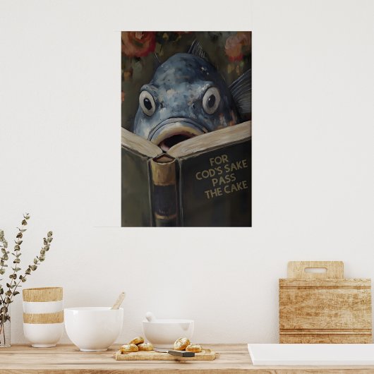 Funny Cod Reading Book Titled For Cod's Sake Pass ポスター (キッチン)