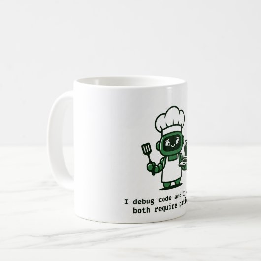 Funny Coder Mug — I Debug Code and I Cook コーヒーマグカップ (正面左)