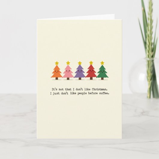 Funny Coffee Christmas Card Colorful Trees People カード (正面)