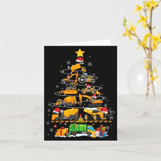 Funny Construction Excavator Truck Christmas Tree  カード (黄色い花)