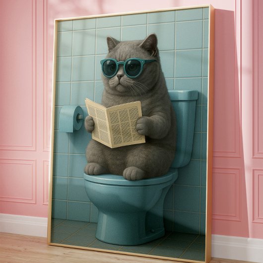 Funny Cool Cat Bathroom Trendy Wall Art  ポスター