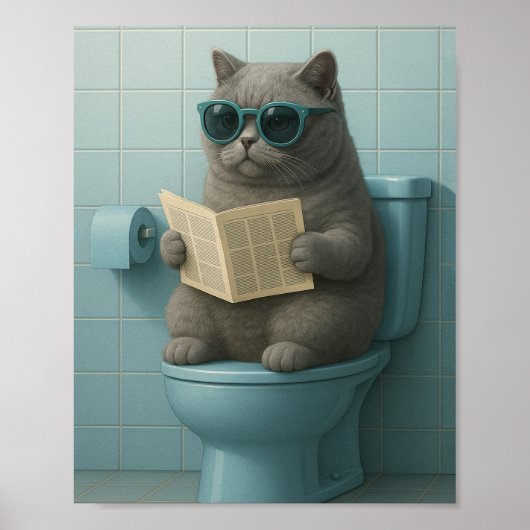 Funny Cool Cat Bathroom Trendy Wall Art ポスター (正面)