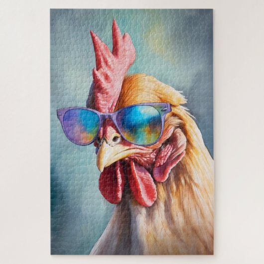 Funny Cool Chicken With Sunglasses Watercolor ジグソーパズル (縦)