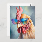 Funny Cool Chicken With Sunglasses Watercolor ポストカード (正面/裏面)