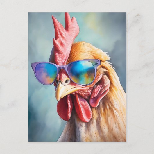 Funny Cool Chicken With Sunglasses Watercolor ポストカード (正面)