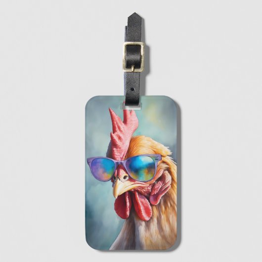 Funny Cool Chicken With Sunglasses Watercolor ラゲッジタグ (正面縦)