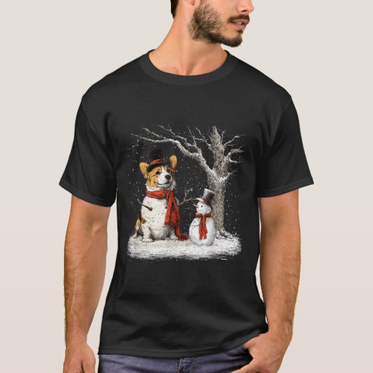 Funny Corgi Dog In The Snow Tree Christmas Winter  Tシャツ (正面)