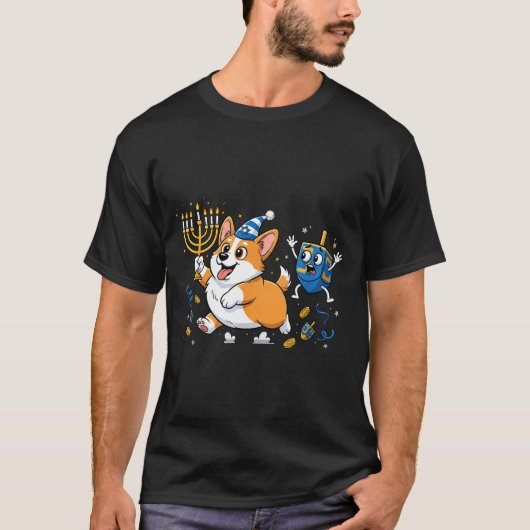 Funny Corgi Dreidel Menorah Hanukkah Kids Womens M Tシャツ (正面)