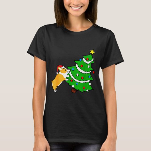 Funny Corgi Pushing Christmas Tree Xmas Dog Mom  Tシャツ (正面)