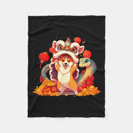 Funny Corgi Snake Chinese New Year 2025 Womens Men フリースブランケット (正面)