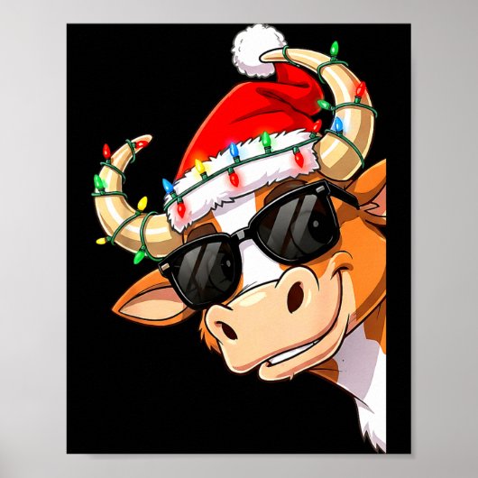 Funny Cow Christmas Cool Longhorn Santa Cow Hat Ho ポスター (正面)