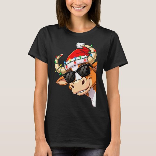 Funny Cow Christmas Cool Longhorn Santa Cow Hat Ho Tシャツ (正面)