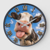 Funny Cow Cute Farm Animal Rustic Decor ラージ壁時計 (正面)