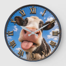 Funny Cow Cute Farm Animal Rustic Decor ラージ壁時計