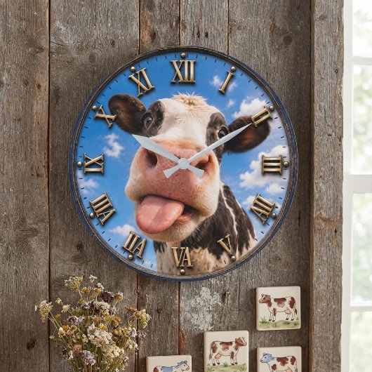 Funny Cow Cute Farm Animal Rustic Decor ラージ壁時計