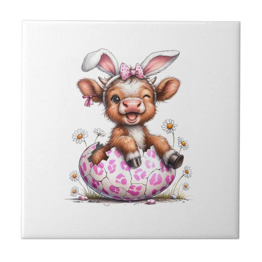 Funny Cow Easter Rabbit Cute Highland Cows Lover E タイル (正面)