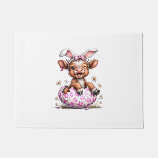 Funny Cow Easter Rabbit Cute Highland Cows Lover E ドアマット (正面)