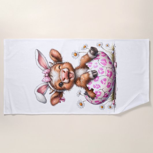 Funny Cow Easter Rabbit Cute Highland Cows Lover E ビーチタオル (正面)
