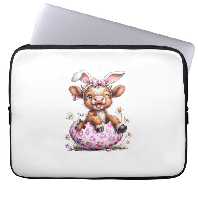 Funny Cow Easter Rabbit Cute Highland Cows Lover E ラップトップスリーブ (正面)