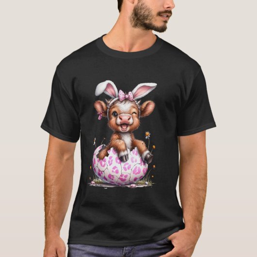 Funny Cow Easter Rabbit Cute Highland Cows Lover E Tシャツ (正面)